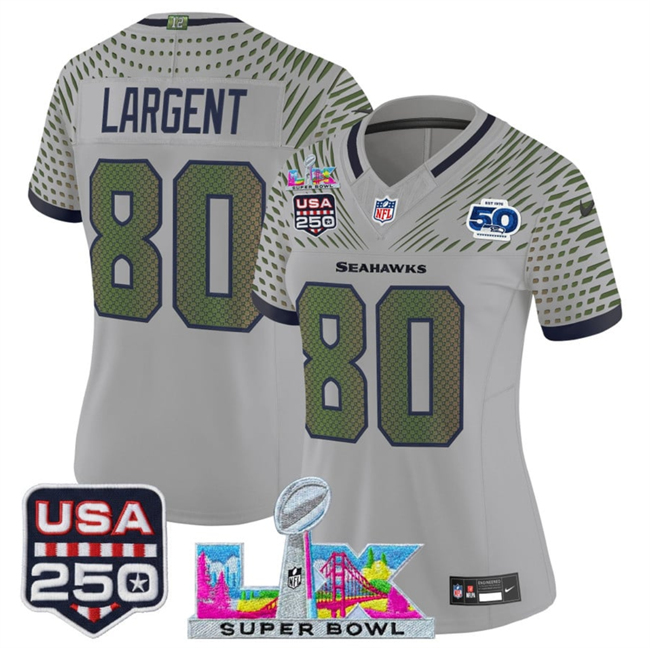 Women's Seattle Seahawks #80 Steve Largent Gray 2025 F.U.S.E. Super Bowl LX & US 250th anniversary Patch And 50th Season Patch “Rivalries” Vapor Limited Football Stitched Jersey(Run Small)